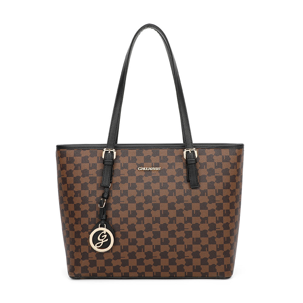 Sac à main cabas marron à motif damier